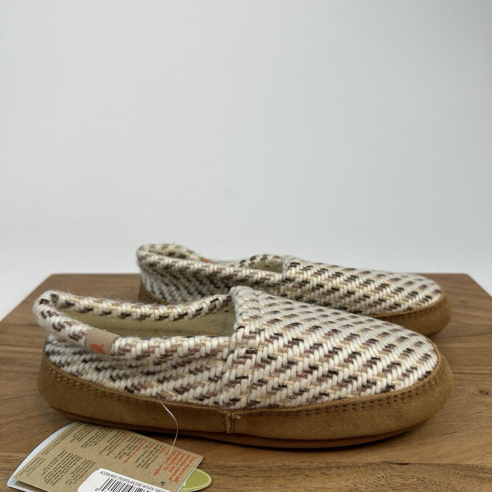 New NWT Womens Acorn Moc Ewe Woven Tweed Beige Slippers Shoes Size 5 - 6 / Small